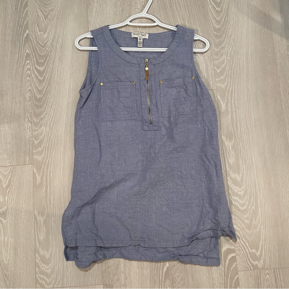Ladies Linen Cotton Blue Sleeveless Blouse by Ellen Tracy size small